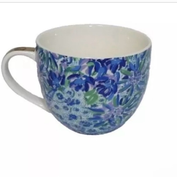 Lilly Pulitzer 12oz Ceramic Blue Floral Coffee Tea Mug Cup Gold Tone Accents - Picture 6 of 10